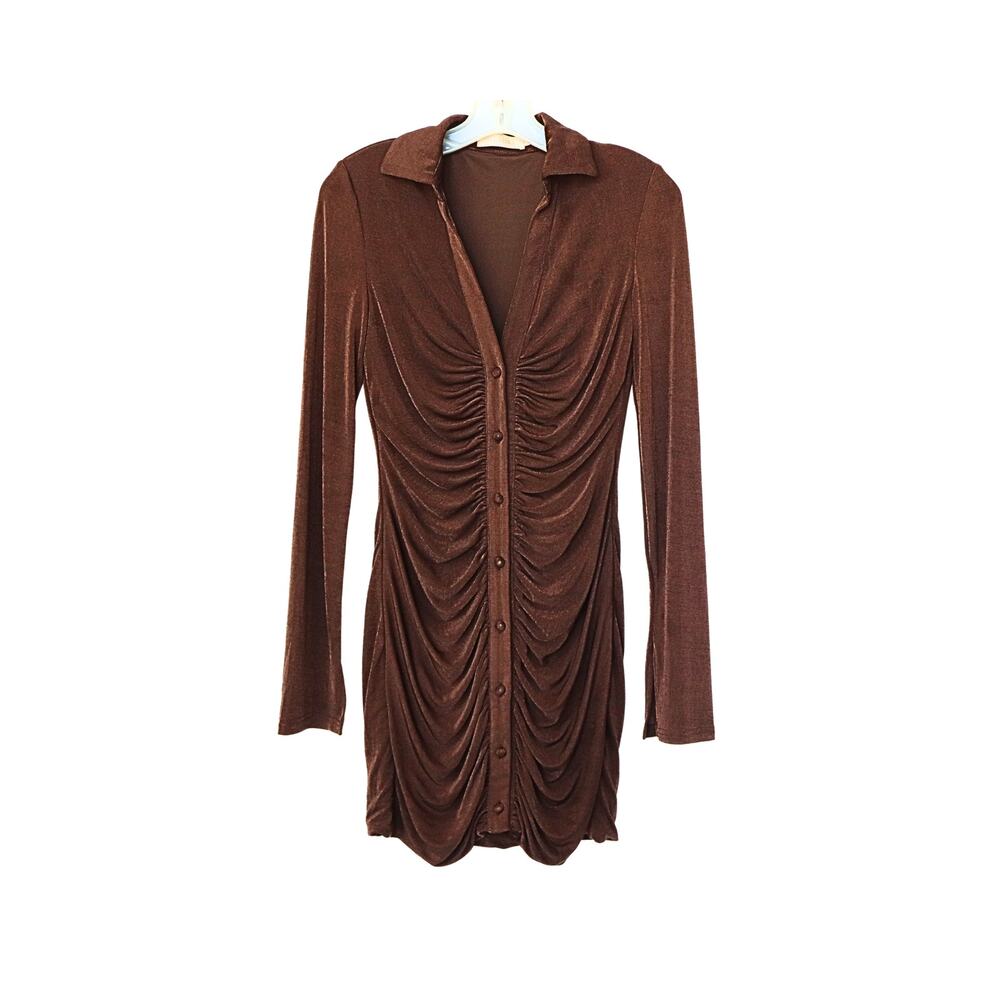 Alexandra Ruched Long Sleeve Mini Dress - Brown - XS